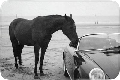 Badmat 90x60 cm - Antislip - Paard - Auto - Zwart - Wit - Badmatten voor badkamer - Badkamermat - Douchemat - Badkamer mat