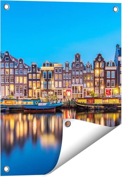 Gards Tuinposter Amsterdamse Huisjes in de Avond met Lichten - 40x50 cm - Tuindoek - Tuindecoratie - Wanddecoratie buiten - Tuinschilderij