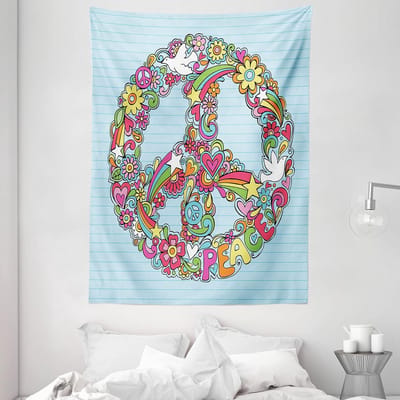 ABAKUHAUS Hippie Wandtapijt, Bloemen Vredesteken Duif, Woonkamer Slaapkamer Wanddoek Zijdezacht Satijn Wandtapijt, 150 x 200 cm, Meerkleurig