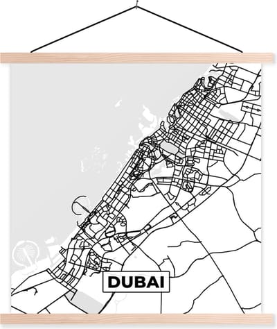 Posterhanger incl. Poster 40x40 cm - Schoolplaat - Kaart - Dubai - Zwart Wit - Stadskaart - Plattegrond - Textielposter - Blanke latten - Stadskaart