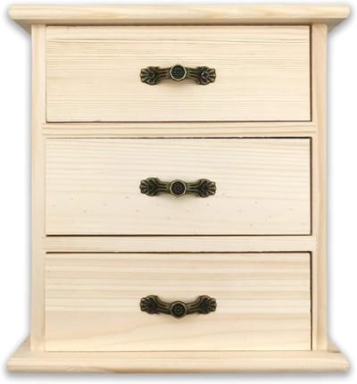 Set van 2 onafgewerkte massief houten opbergdozen met 3 kleine laden voor knutselprojecten, beschilderbaar en graveerbaar, perfect voor DIY creaties