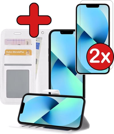 Hoesje - Met 2x Screenprotector - Geschikt voor Apple iPhone 14 - Luxe Pasjeshouder - Flip Case - Bookcase Portemonee - Kunstleer Book Case - Flipcase Hoes - Book Cover - Walletcase - Portemonneehoes - Telefoonhoes - Wit