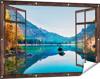 Gards Tuinposter Doorkijk Meer met Herfstbomen - 120x80 cm - Tuindoek - Tuindecoratie - Wanddecoratie buiten - Tuinschilderij