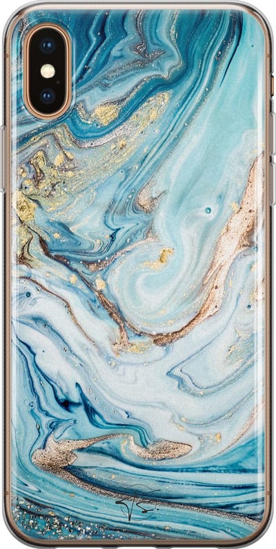 Hoesje geschikt voor iPhone Xs - Marmer blauw goud - Soft Case - TPU - Marmer - Blauw - Mooie Telefoonhoesjes
