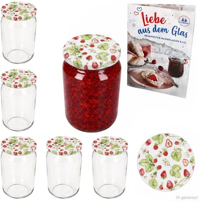 6-delige set ronde glazen 720 ml To 82 bos-aardbeien deksel incl. Diamant Gelierzauber receptenboekje