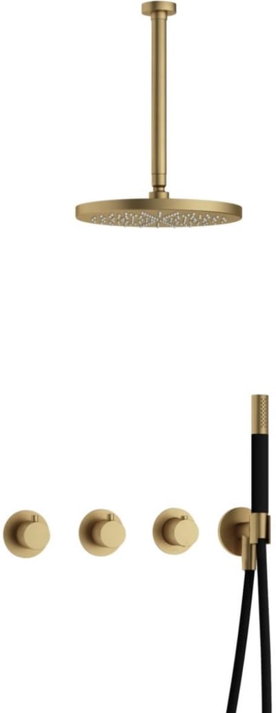 Hotbath Cobber - CB7067 - Inbouw Regendoucheset - Geborsteld Messing - 2 Stopkranen - Thermostatisch - Plafondbuis 30 cm - Hoofddouche 300 mm - Staafhanddouche - met M106 - Waterbesparend