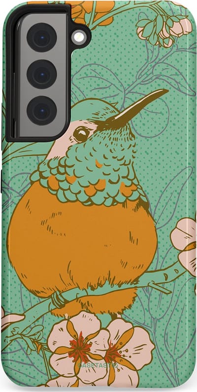 Casetastic hoesje geschikt voor Samsung Galaxy S22 - Dubbellaagse bescherming - Bloesem Kolibrie - Fashion Case - Mintgroen Okergeel Zand