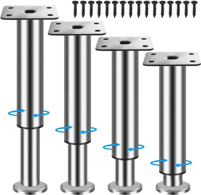4 stuks meubelpoten, verstelbaar, roestvrij staal, in hoogte verstelbaar, chroom, 8-12 cm, Ø 38 mm, bedpoten, meubelpoten, poten voor meubels, bank, voeten, meubelverhoging, kastpoten