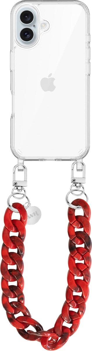 xoxo Wildhearts siliconen hoesje - Geschikt voor iPhone 16 - Red Roses - Kort Koord - Telefoonhoesje - Hoesje met koord - telefoonkoord - Transparant hoesje - Kort rood koord