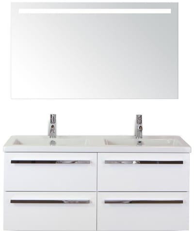Seville Badmeubelset 120 cm - 4 Laden Wit Hoogglans - Wastafel Djazz Dubbel met Sence Spiegel