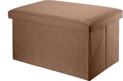 Intirilife Opvouwbare bank 49x30x30 cm in BERNSTEIN BRUIN - Zitkubus met opbergruimte en deksel van stof in linnenlook - Zitkubus voetensteun Opbergkist Kruk zitting
