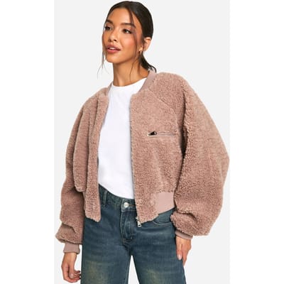 boohoo Dames Rib Teddy Bomberjas | Mushroom | Maat: 14