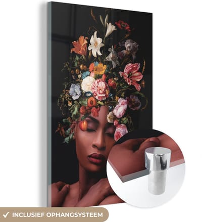 MuchoWow® Glasschilderij 40x60 cm - Schilderij acrylglas - Vrouw - Make up - Boeket - Foto op glas - Schilderijen