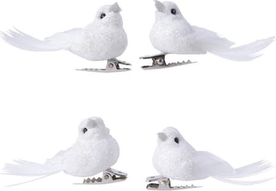 Decoris vogeltjes - 4x stuks - glitter wit - kunststof - 5 cm - op clip - kerstdecoratie - kerstversiering