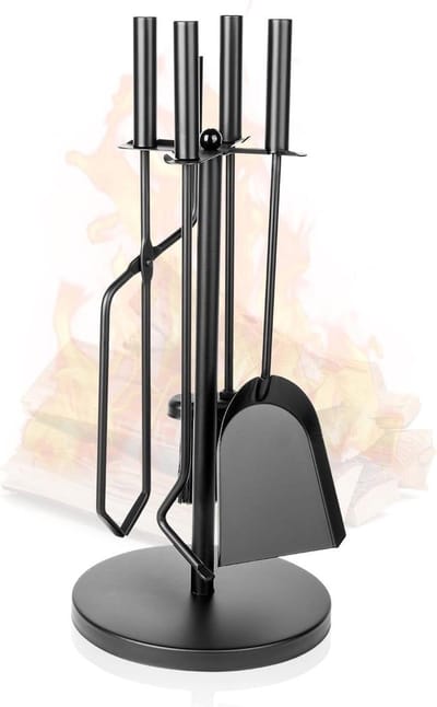 Haardset houten handgrepen 5-delig - haardaccessoires - asschep - bezem - pookhaak - houder - zwarte handgrepen - smeedijzeren - ijzeren blokhouder - vuurkorf - 49 cm