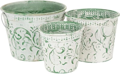Metalen potten met handvatten, plantenbakken met reliëf, wit, groen, s