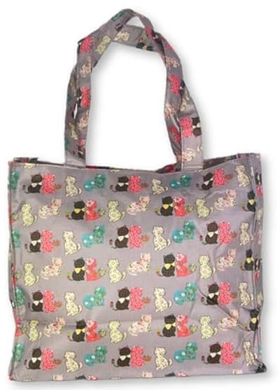 Kleine damestas nylon herbruikbare boodschappentas met ritssluiting en kitten patroon 30 cm