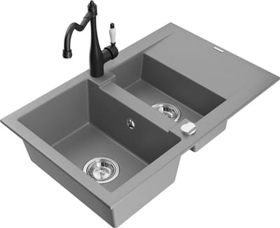 Mexen Gaspar granieten spoelbak 1,5-kamer met afdruiprek en keukenmengkraan Carla, grijs - 6507-71-670700-70