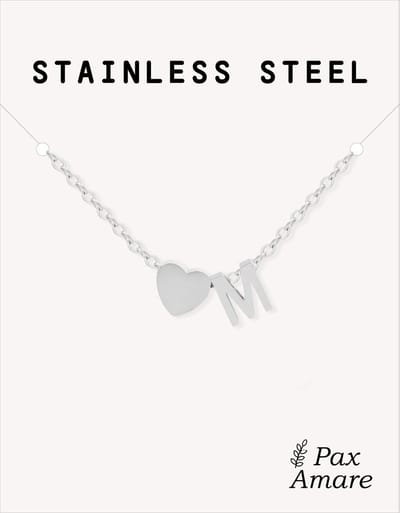 Letter M Ketting Zilverkleurig - Stainless Steel - Initiaal & Hartje Hanger - Initialen Ketting op Cadeau Kaartje - Pax Amare