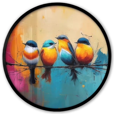 Poster in lijst Rond - Fotolijst 40x40 cm - Posters - Vogels - Kleurrijk - Tak - Abstract - Ronde posterlijst zwart - Decoratie - Wanddecoratie woonkamer - Muurdecoratie slaapkamer