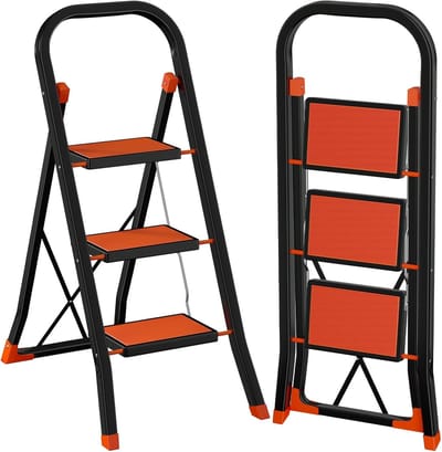 SnelShoppen - Trapladder met 3 Treden, Vouwtrap tot 150 kg, Anti-slip Pedaal, Klapbeveiliging, Eenvoudig Op te Bergen, Zwart en Oranje voor Keuken en