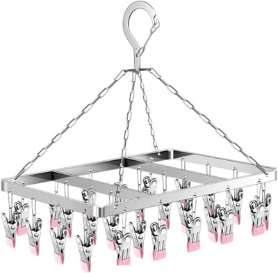 Draaibare, winddichte sokkenhanger, sokkenrek voor waslijn, roestvrijstalen sokkendroger met draaibare haak, ondergoeddroger met 26 clips en spijkers (roze)