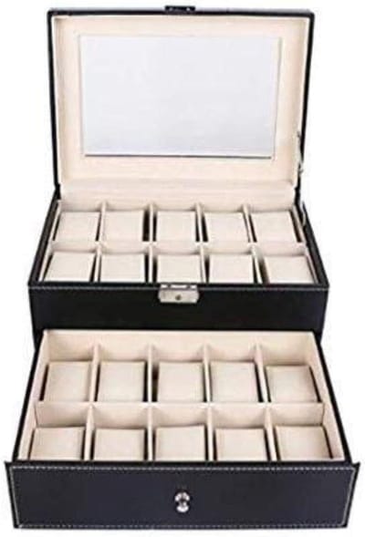 Horloge Opbergdoos - Juwelendoos Presentatie - Sieraden Opbergen - Dubbele Laag - 28.5 cm Lengte - Zwart