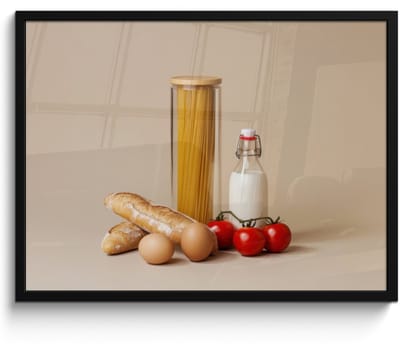 Fotolijst inclusief poster - Posterlijst 70x50 cm - Posters - Spaghetti - Melk - Tomaten - Eieren - Brood - Foto in lijst - Keuken decoratie muur - Wanddecoratie accessoires - Muurdecoratie - Schilderijen