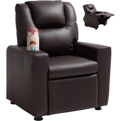 VEVOR Kinderfauteuil met bekerhouders, 101°-121° verstelbare rugleuning, PU-leren relaxfauteuil met voetenbank, draagvermogen 41 kg, relaxfauteuil voor jongens en meisjes (bruin)