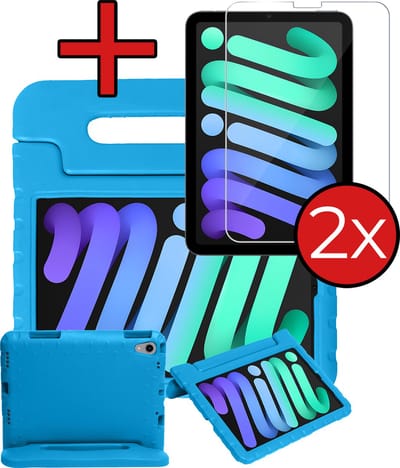 Hoesje - Geschikt voor Apple iPad Mini 7 (2024) - 8.3 inch - 7e Generatie - Met 2x Screenprotector - Kinderhoes - Shockproof Bumper - Kidsproof Case - Tablethoes - Kinder Hoes Cover - Blauw