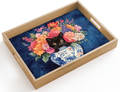 Dienblad hout 40x30 cm - Schootdienblad - Kat - Felgekleurde bloemen - Vaas - Borrelplank rechthoek - Plateau dienbladen