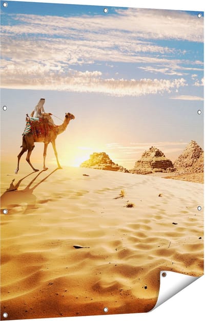 Gards Tuinposter Egyptische Piramides met een Kameel - 90x120 cm - Tuindoek - Tuindecoratie - Wanddecoratie buiten - Tuinschilderij