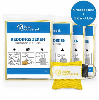 4 Stuks Nooddeken / Reddingsdeken 210 x 160 cm - 1 Kiss of Life Reanimatiedoekje