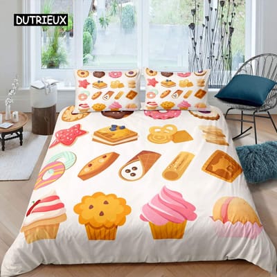 Cartoon Taart Koning Koningin Dekbedovertrek Dessert Cupcake IJs Beddengoed Set Kind Fijne Verjaardag Polyester Dekbedovertrek Kinderen Cadeaus US King(264x228cm)