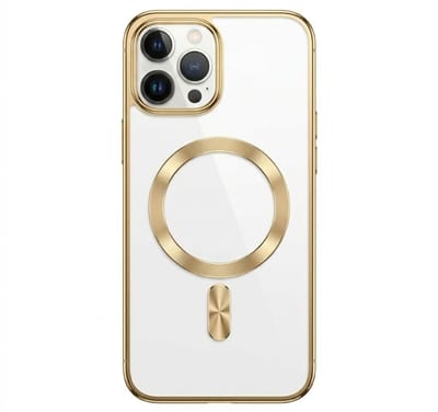 Transparant goudkleurig telefoon hoesje met metallic randen – geschikt voor iPhone 12 Pro Max MagSafe – luxe backcover met MagSafe ring en camera bescherming