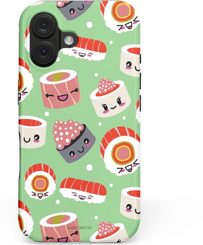 Casetastic hoesje geschikt voor Apple iPhone 16 - MagSafe - Dubbellaagse bescherming - Sushi wonders - Fashion Case - Mintgroen Wit Koraal Perzik
