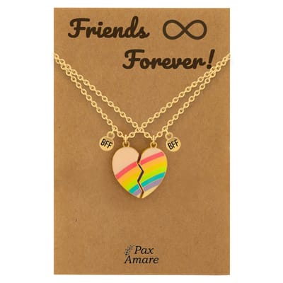 BFF Ketting voor 2 ' Friends Forever' - Magnetisch Regenboog Hartje - Vriendschapsketting op Cadeau Kaartje - 45cm + 5cm verstelbaar - Goudkleurig - Best Friends Hanger - Pax Amare
