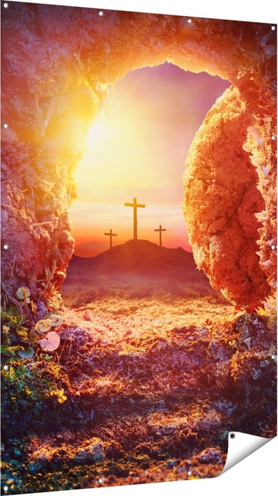 Gards Tuinposter Kruisiging bij Zonsopgang - Opstanding Jezus - 120x180 cm - Tuindoek - Tuindecoratie - Wanddecoratie buiten - Tuinschilderij