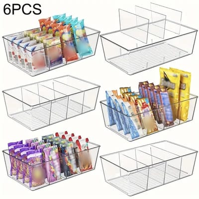 6 Stuks Transparante, Stapelbare Opbergbakken met 3 Uitneembare Verdelers – voor het Organiseren van de Voorraadkast en het Opbergen van Snacks, Zakjes, Kruiden en Sachets in de Keuken of Koelkast