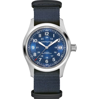 Montre Homme Hamilton Khaki Field Bracelet Textile NATO Cadran Bleu Automatique H70455940 100M bleu