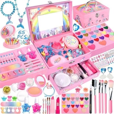 Kindermake-upset Meisjes Kindermake-upset, 65-delige Wasbare Make-up Kindermake-upset Meisjesspeelgoed, Halloween Kerstverjaardagscadeaus voor Meisjes 5 6 7 8 Jaar