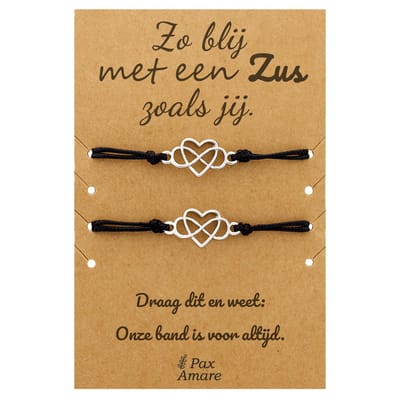 Vriendschapsarmbandjes voor 2 "Zo blij met een zus zoals jij" - Hartje in Oneindigheidsteken - Sisters Armbandjes met Cadeau Kaartje - Zilverkleurig - Elastisch Verstelbaar - Pax Amare