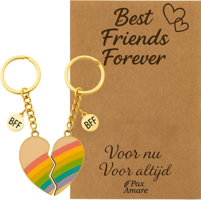 BFF Sleutelhanger voor 2 'Best Friends Forever' - Magnetisch Regenboog Hartje - Sleutelhangers op Cadeau Kaartje - Goudkleurig - Vriendschap Symbool - Pax Amare