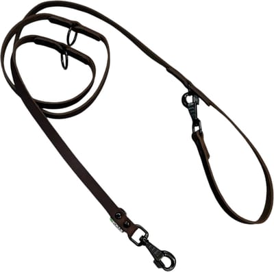 K9World by van der Veeke, Verstelbare Leren Hondenriem – Donker bruin leder –Multifunctioneel – 3-Punts Verstelbaar – 2 Zwarte Musketons – Handgemaakt