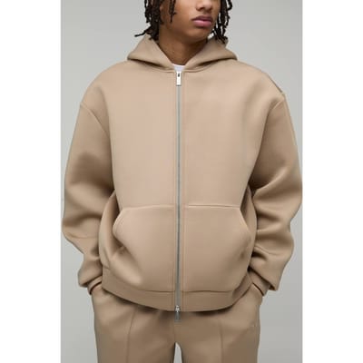 Oversized Boxy Bonded Scuba Zip Through Hoodie | Taupe | Size XS