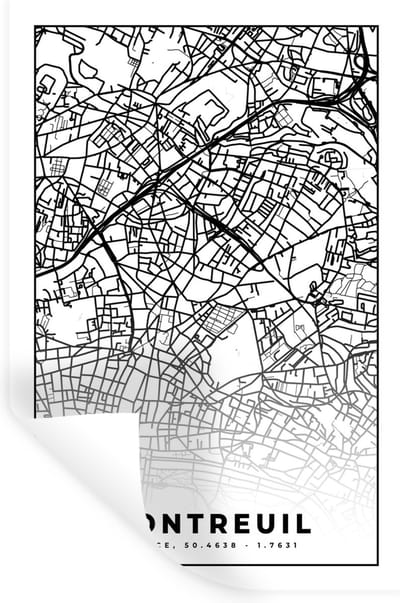 Muurstickers - Sticker Folie - Kaart - Plattegrond - Frankrijk - Stadskaart - Montreuil - Zwart wit - 20x30 cm - Plakfolie - Muurstickers Kinderkamer - Zelfklevend Behang - Zelfklevend behangpapier - Stickerfolie
