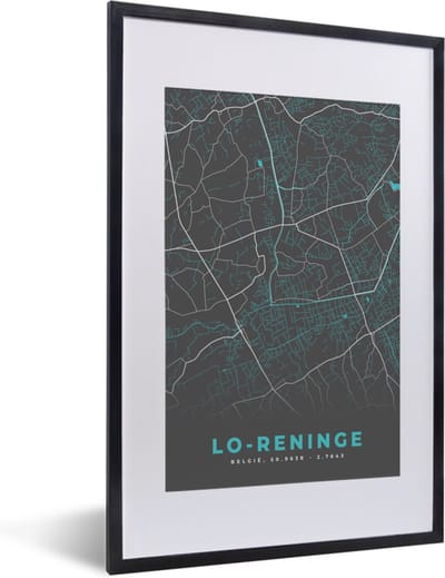Fotolijst incl. Poster - België – Lo Reninge – Stadskaart – Kaart – Blauw – Plattegrond - 40x60 cm - Posterlijst