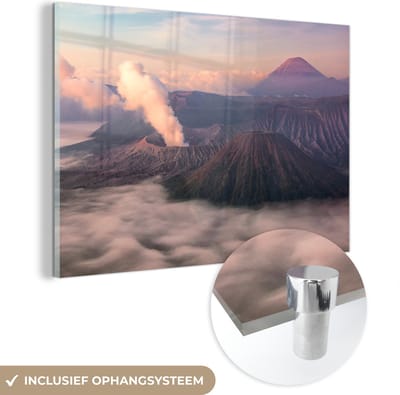 ® Glasschilderij 180x120 cm - Schilderij acrylglas - Ochtendlicht bij Bromo-vulkaan in Bromo Trengger Semeru in Indonesië - Foto op glas - Muurdecoratie woonkamer - Wanddecoratie slaapkamer - Schilderijen