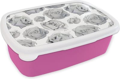 Broodtrommel Roze - Lunchbox - Brooddoos - Rozen - Bloem - Zwart Wit - Patroon - 18x12x6 cm - Kinderen - Meisje