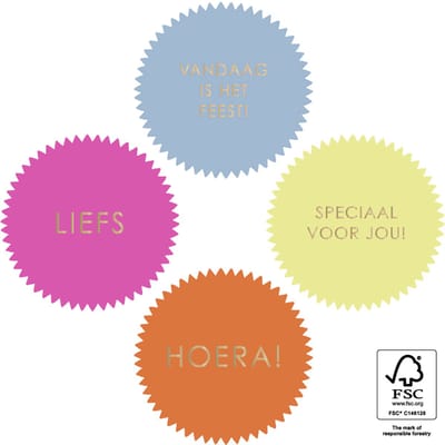 30 Cadeaustickers:Stickers met tekst- 4 varianten- Ronde sticker 55 mm - Cadeauversiering- Sluitzegel- Traktatiesticker- Wensetiket